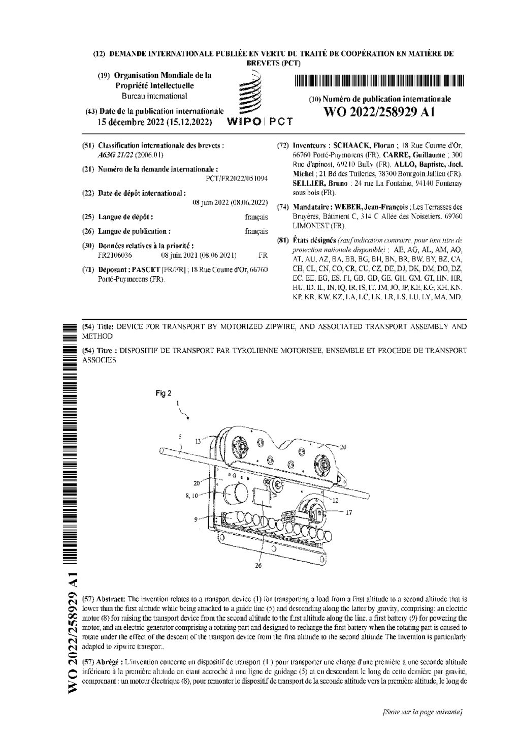 Brevet PCT mondial WO 2022/258929